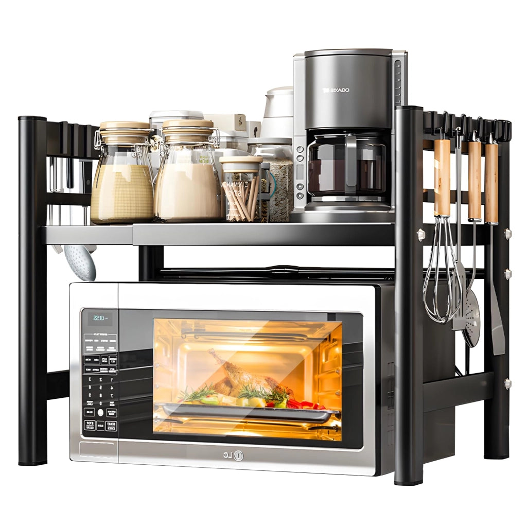 Ripiano estraibile per microonde, a 2 livelli, con 6 ganci, da 37 a 61 cm, colore nero