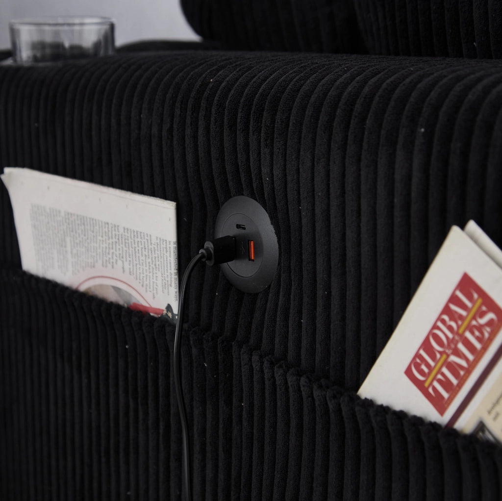 Divano 2 posti 224x140x81 cm in corduroy nero, modulare con USB e portabicchieri