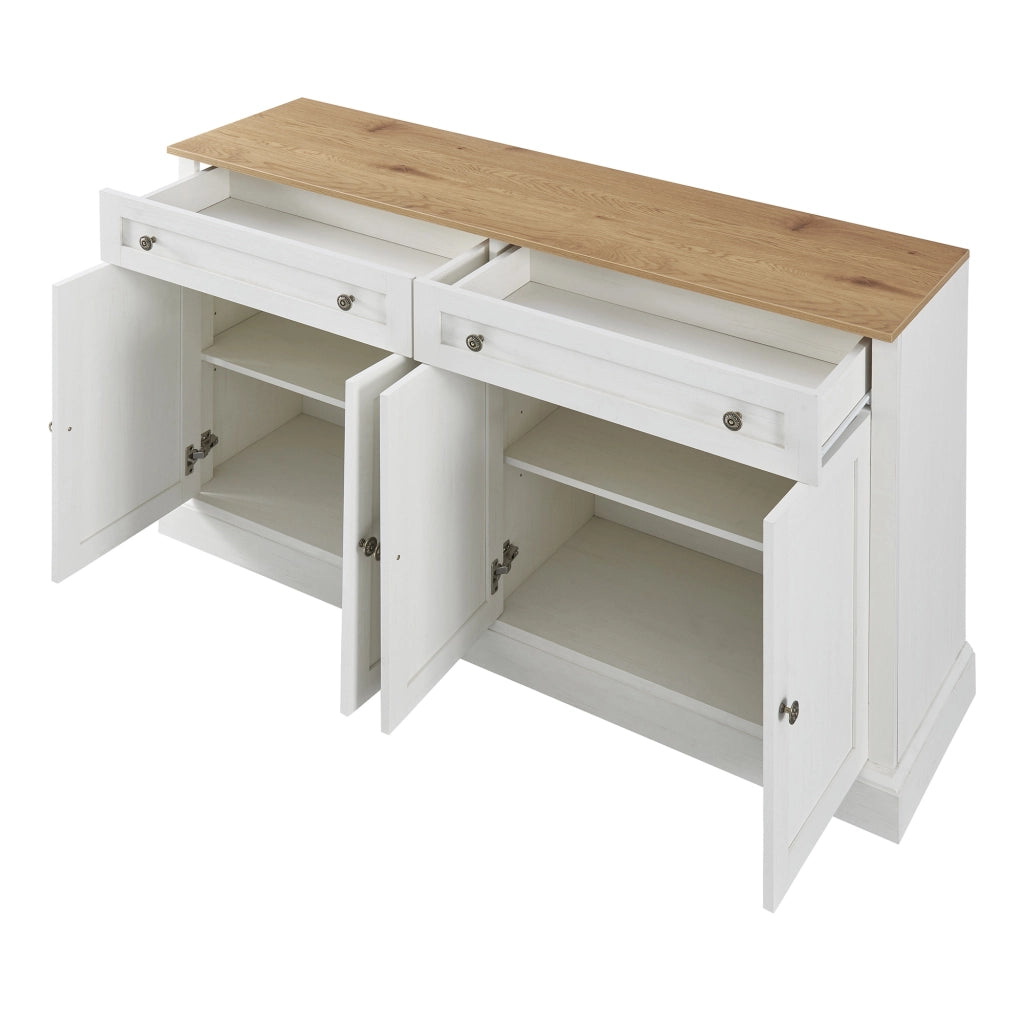Credenza 150 × 40 × 86 cm con 4 ante 2 cassetti e ripiani regolabili in MDF e truciolato bianco e legno naturale