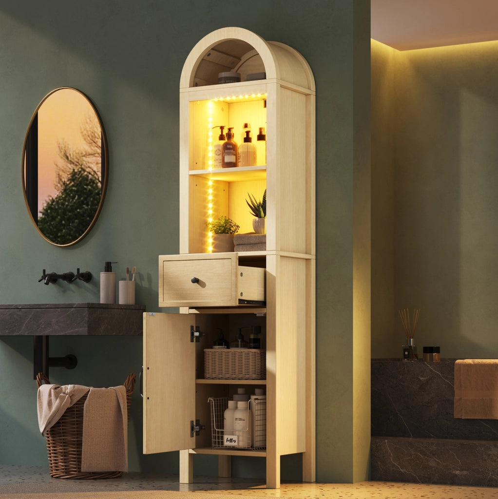 Mobile alto da bagno con LED RGB, ante reversibili e cassetto, 40 x 30 x 163 cm
