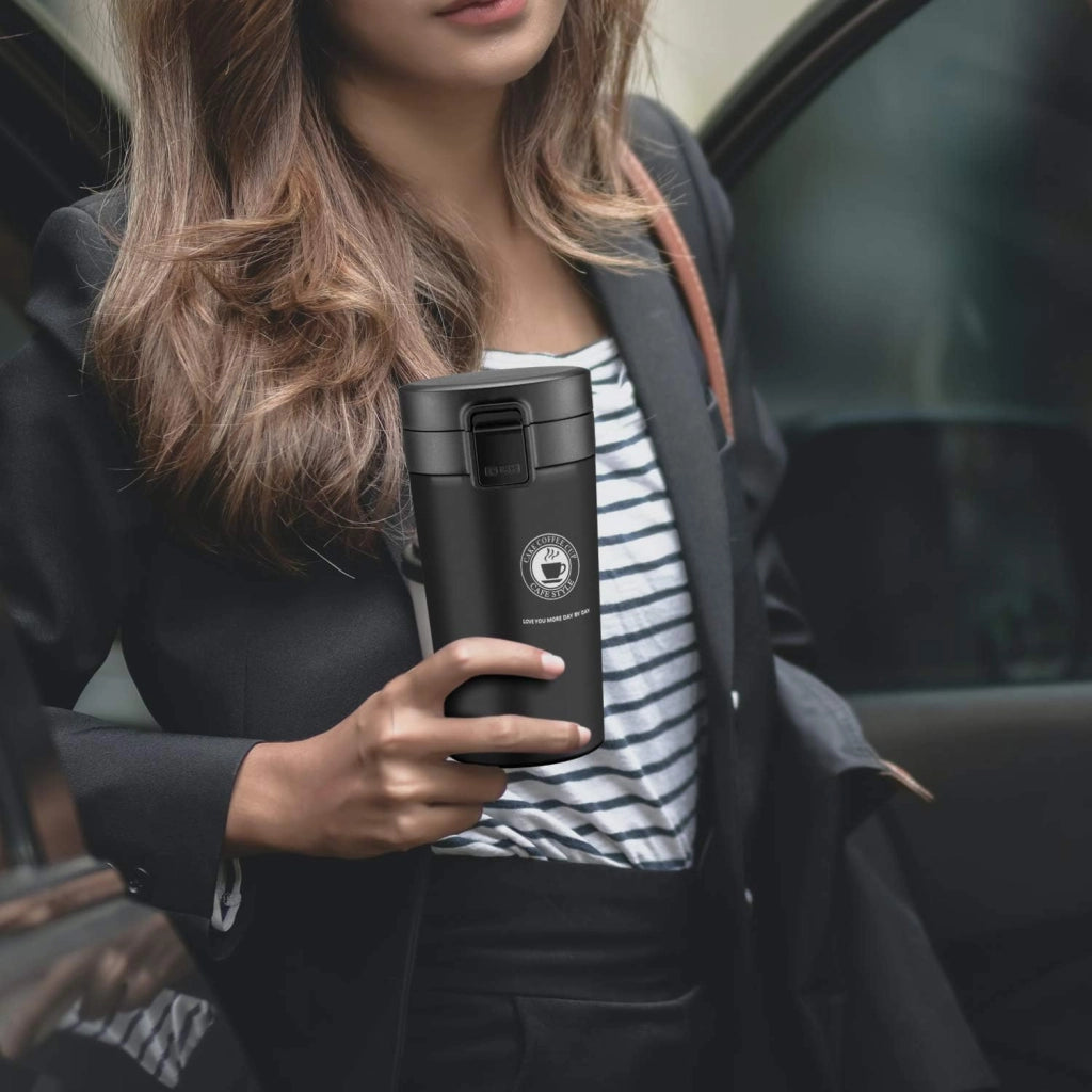Tazza termica da 380 ml, a doppia parete, isolata sottovuoto, in acciaio inossidabile, colore nero