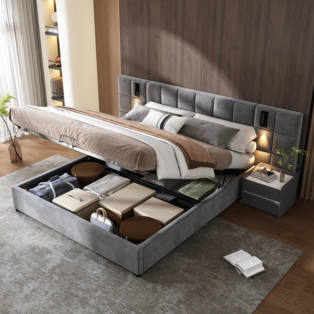 Letto matrimoniale imbottito 180 × 200 cm contenitore idraulico in acciaio grigio con luce da lettura e USB