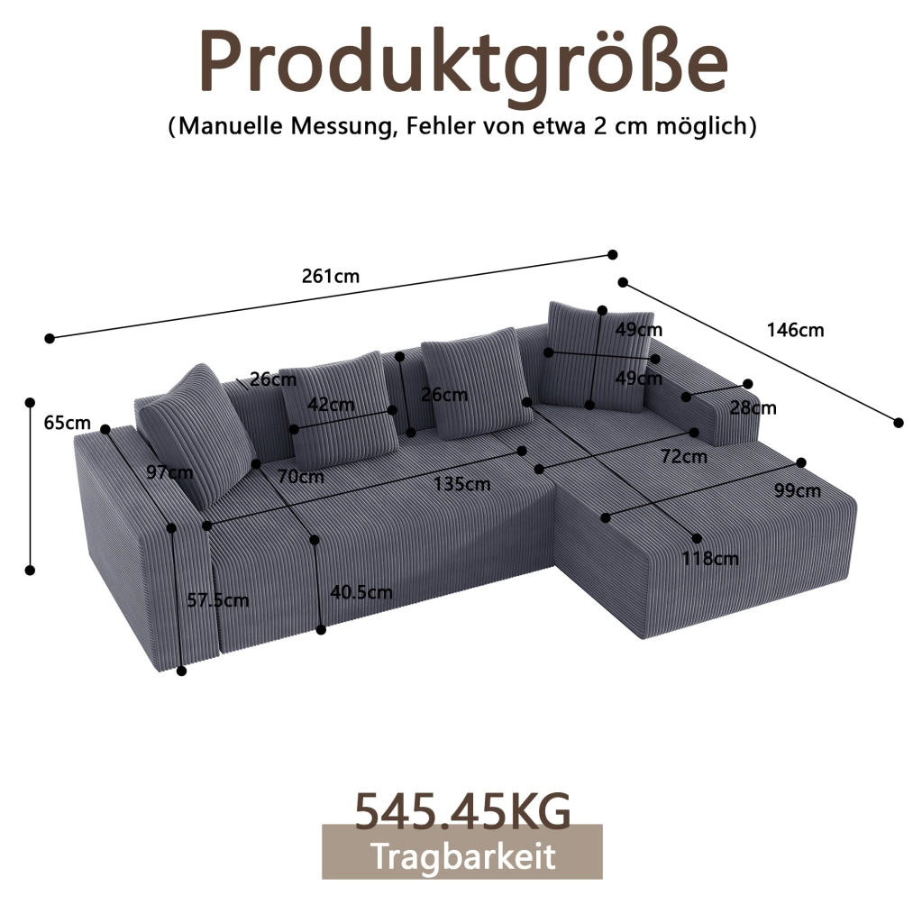 Divano angolare modulare ULEVR 261x146 cm in velluto a coste grigio con chaise longue e 4 cuscini