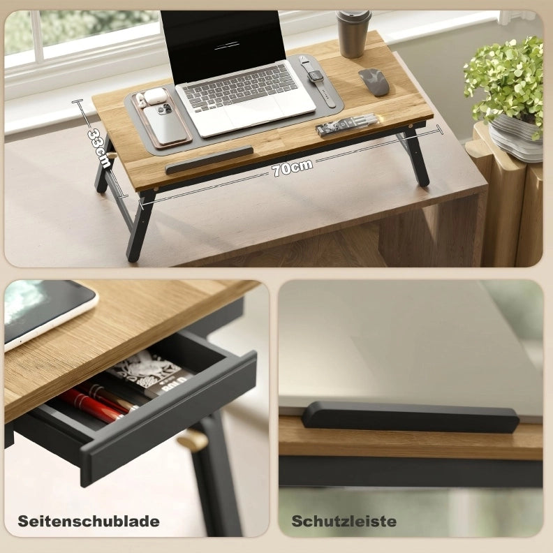 Tavolino pieghevole per laptop regolabile con cassetto, colore rovere