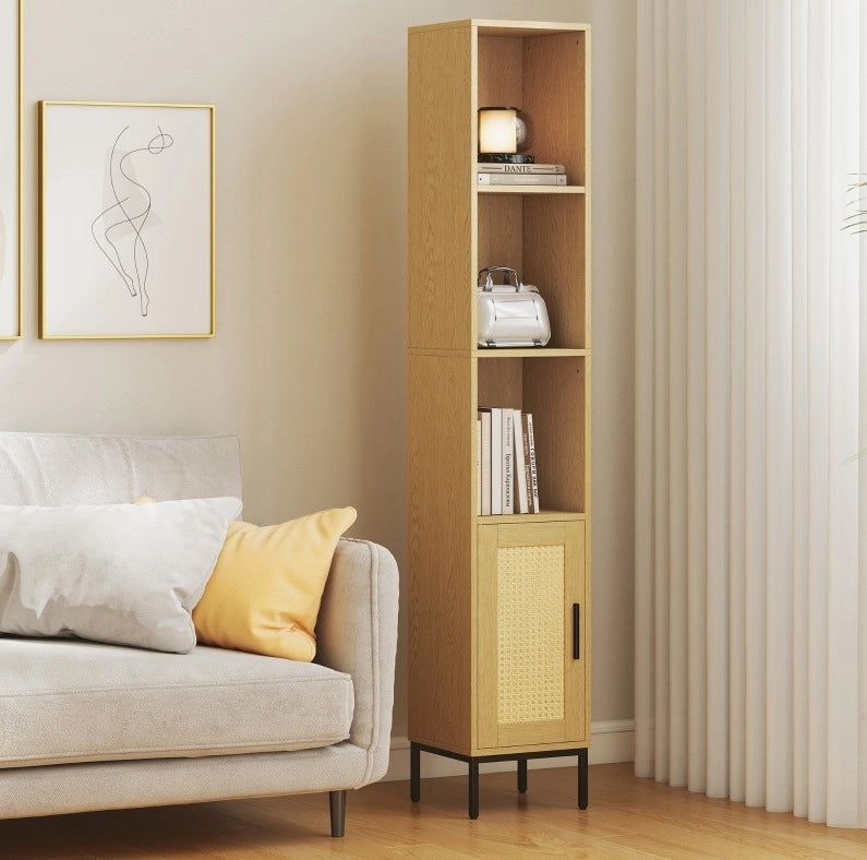 Mobile bagno alto e stretto effetto legno naturale e rattan