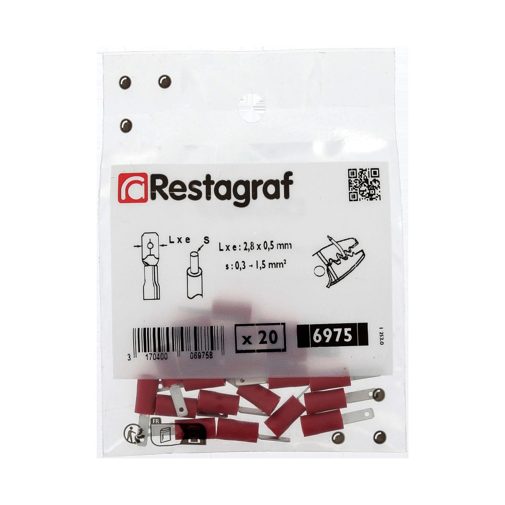 Connettore a morsetto a filo singolo, rosso, maschio, 2,8x0,5 mm, per cavi da 0,3 a 1,5 mm², confezione da 20 pezzi.