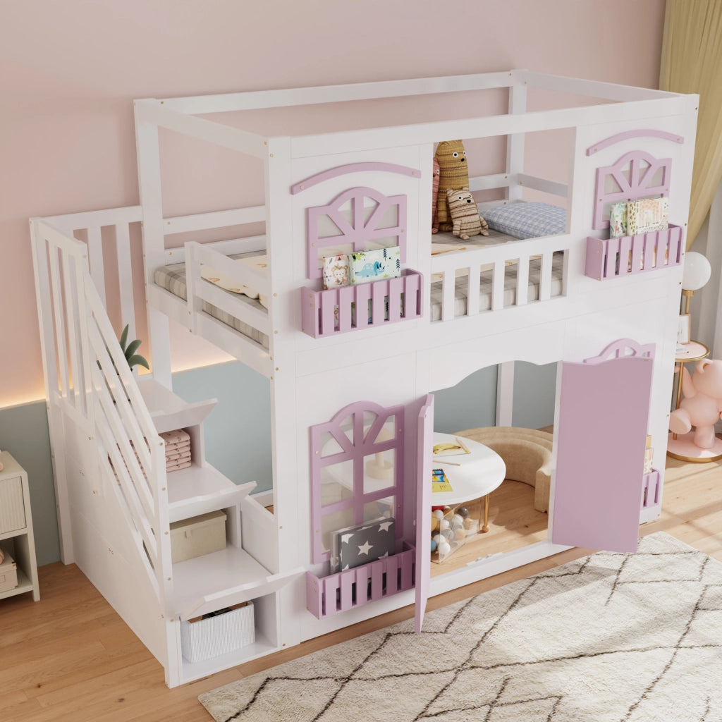 Letto a soppalco per bambini 90 x 200 cm in legno; bianco e rosa; scala contenitore e area giochi