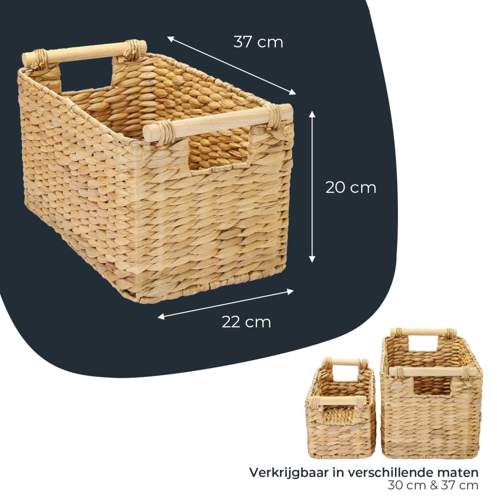 Cesto portaoggetti in ippoporo con manici in legno, dimensioni 37x22x20 cm