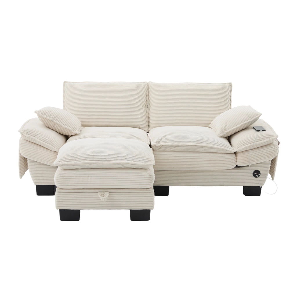 Divano 2 posti con pouf 190x132x84 cm con porta USB-C in velluto a coste beige