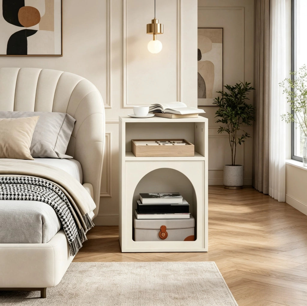 Comodino moderno in MDF crema con ripiani aperti 40x30x60 cm
