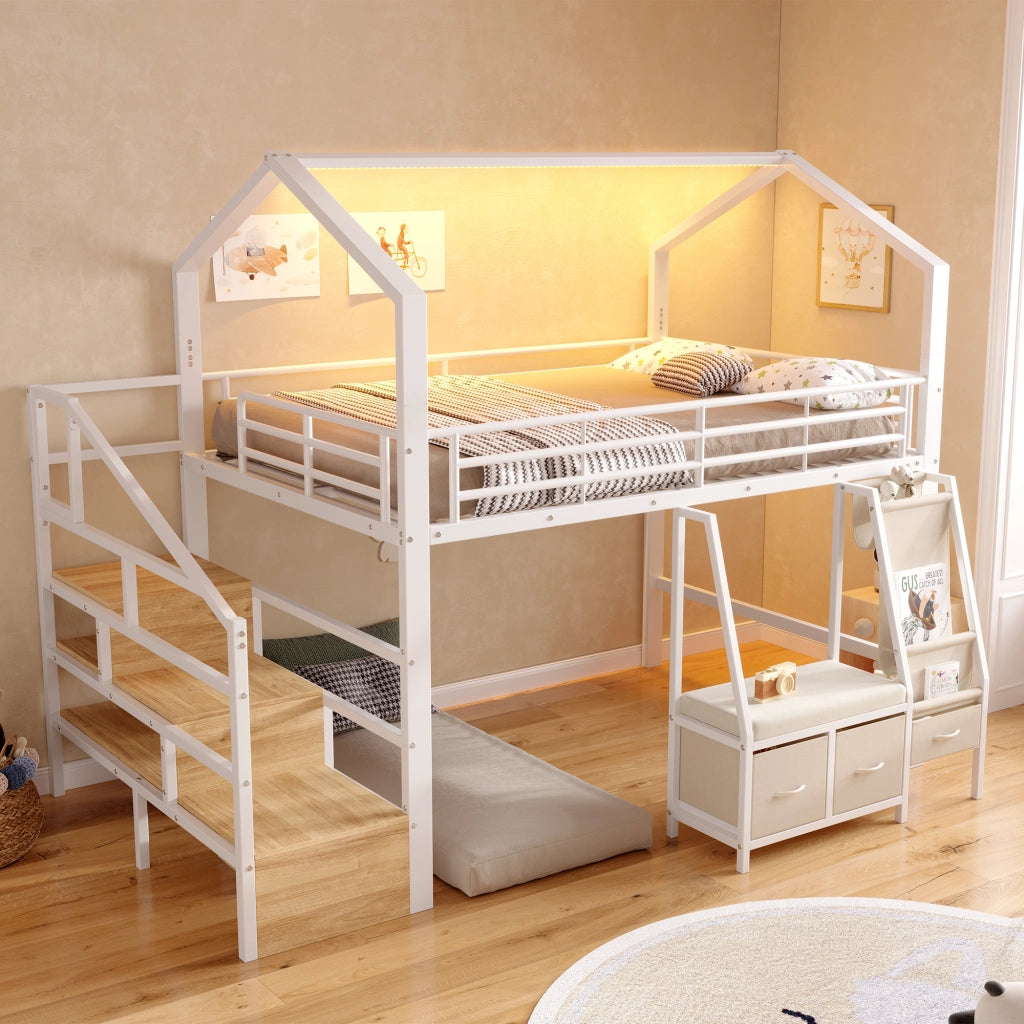 Letto a Soppalco 90x200 con Cassetti; Rangement Integrato; LED; Sponde di Sicurezza LEMONMAX Salvaspazio per Camera Bambini