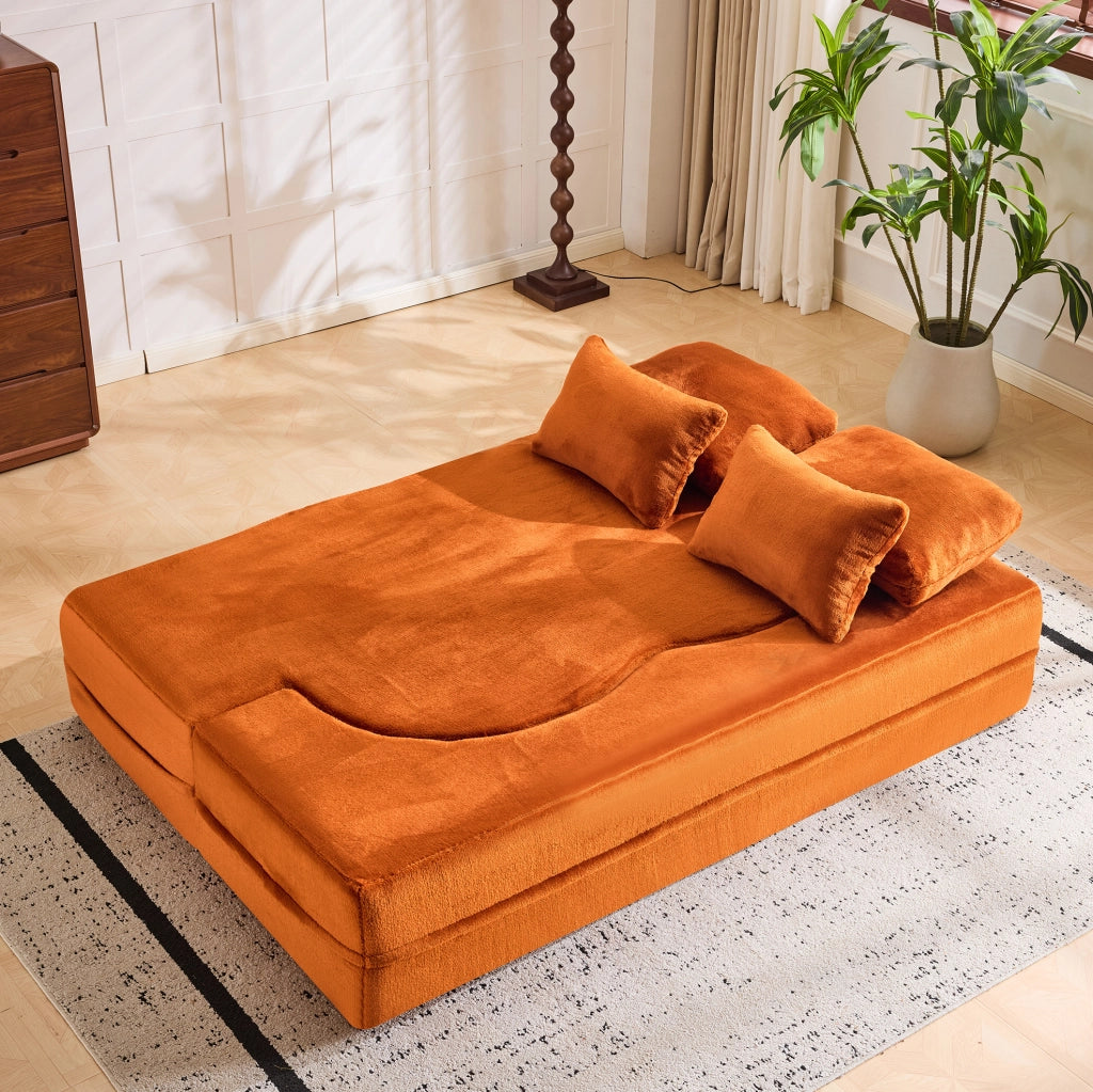 Divano letto da pavimento pieghevole in peluche arancione con schiuma e 4 cuscini