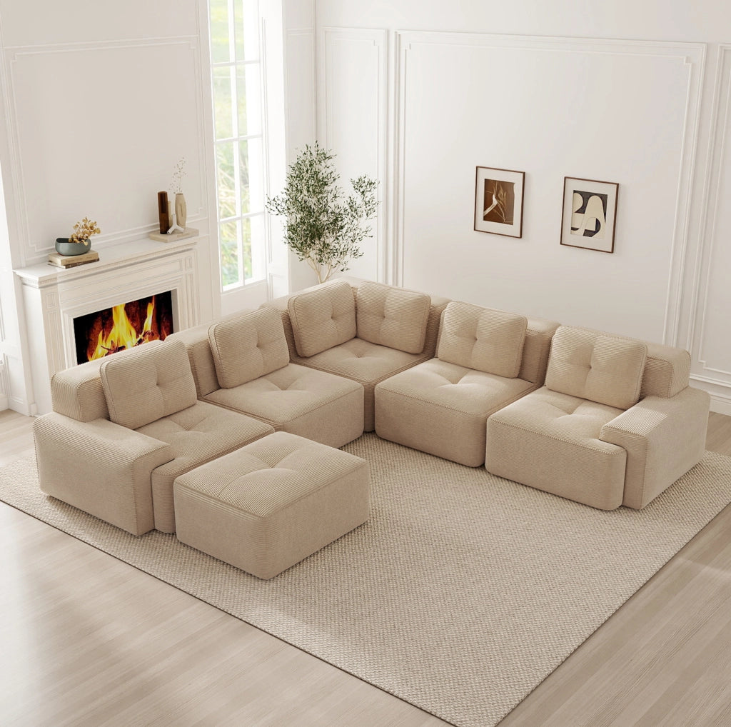 Divano angolare modulare in velluto a coste beige
