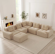 Divano angolare modulare in velluto a coste beige