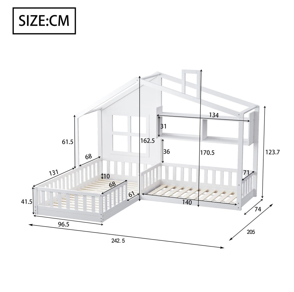 Letto per bambini a casetta 90x200 cm con ripiani e sponde; in MDF; bianco