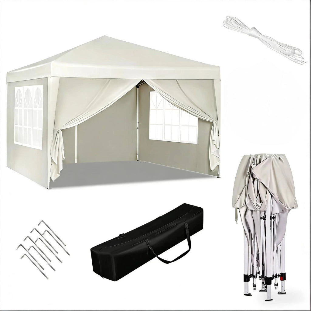 GAZEBO Pieghevole 3 x 3 m Altezza regolabile Beige con pareti laterali