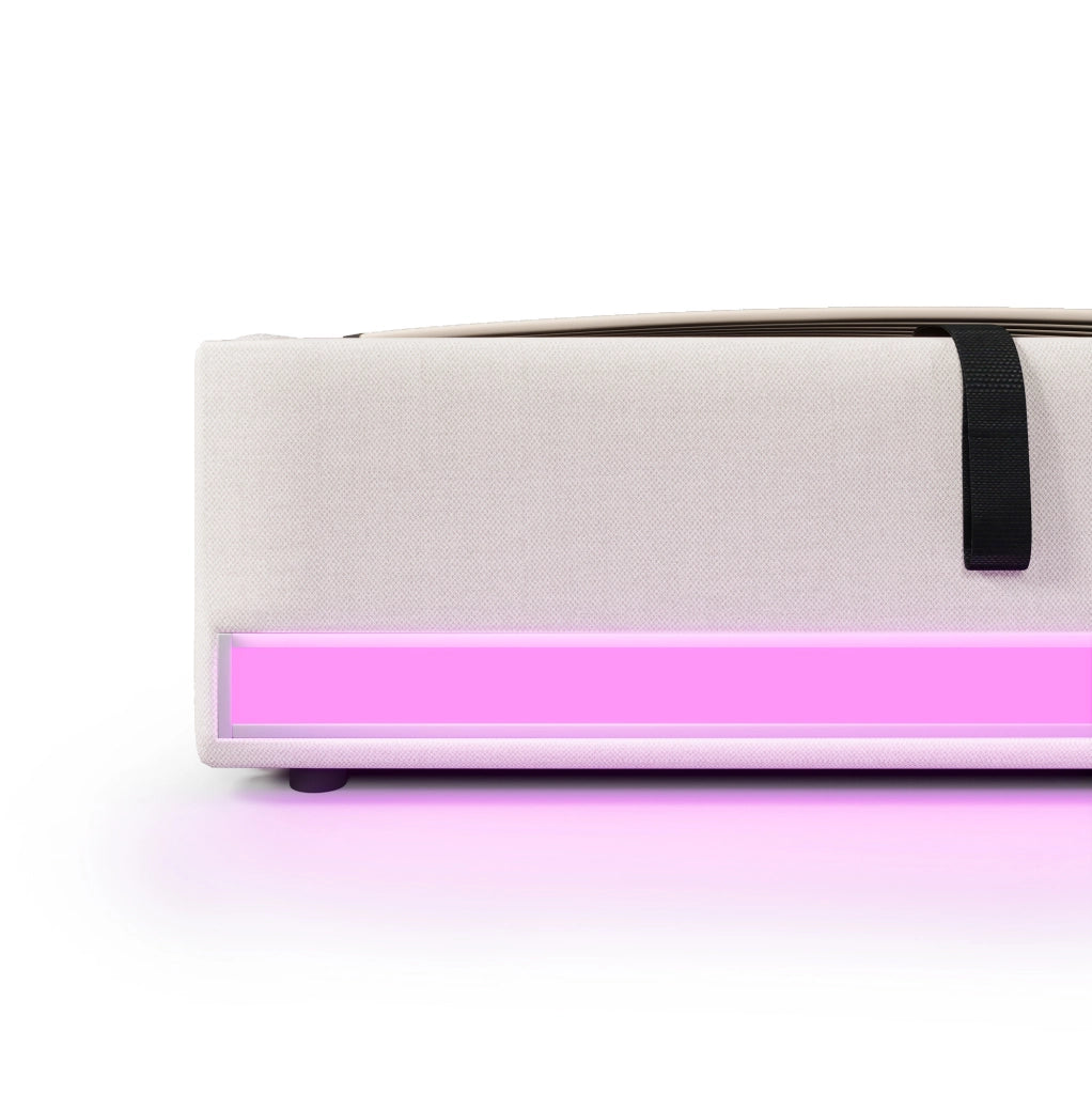 Letto imbottito 90x200 cm in lino con LED, porte USB e Type-C, contenitore idraulico, beige