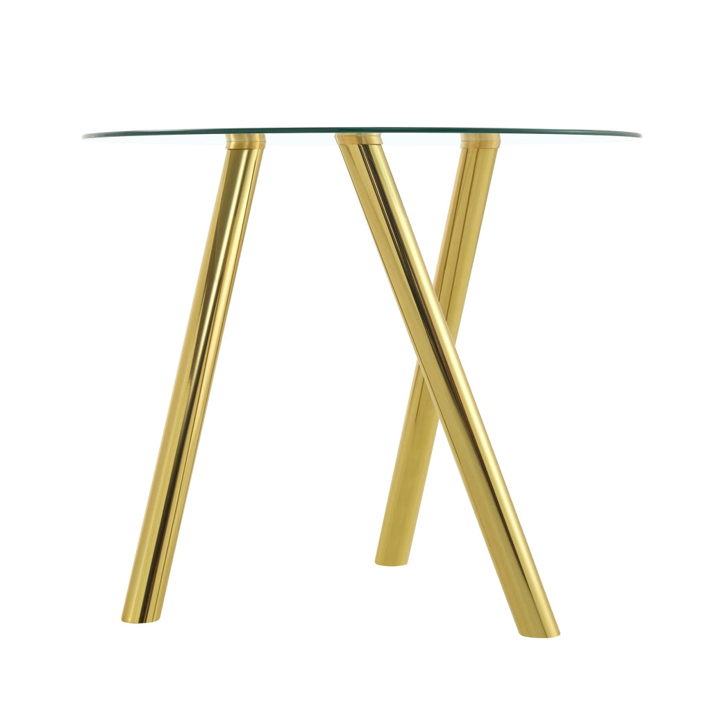 Tavolo da pranzo rotondo in vetro temperato con gambe in metallo color oro design per sala da pranzo