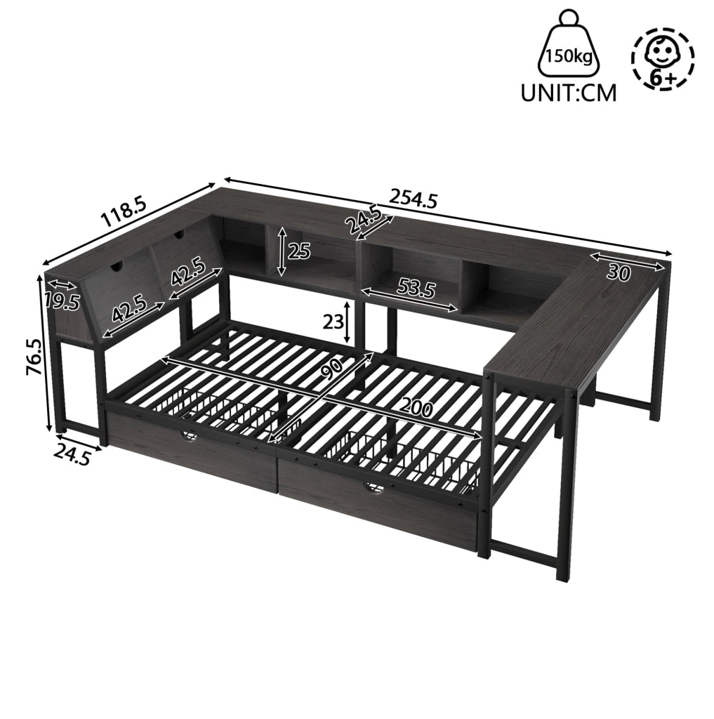 Letto singolo 90 x 200 cm nero con scrivania, cassetti e luce a più colori