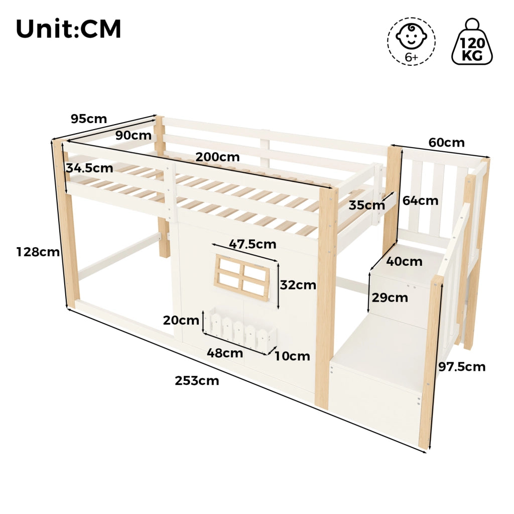 Letto a soppalco 90 x 200 cm in pino e MDF con LED, bianco e naturale