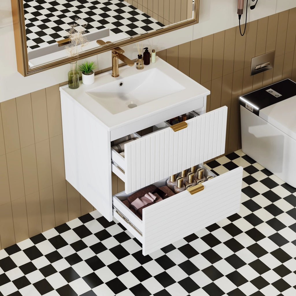 Mobile lavabo sospeso 61 × 46 × 57 cm con due cassetti silenziosi in MDF laccato bianco e lavabo in ceramica