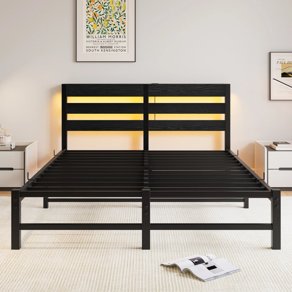 Letto matrimoniale 190×140 cm in metallo e legno nero con luci LED regolabili, 2 porte USB e ripiano, senza materasso