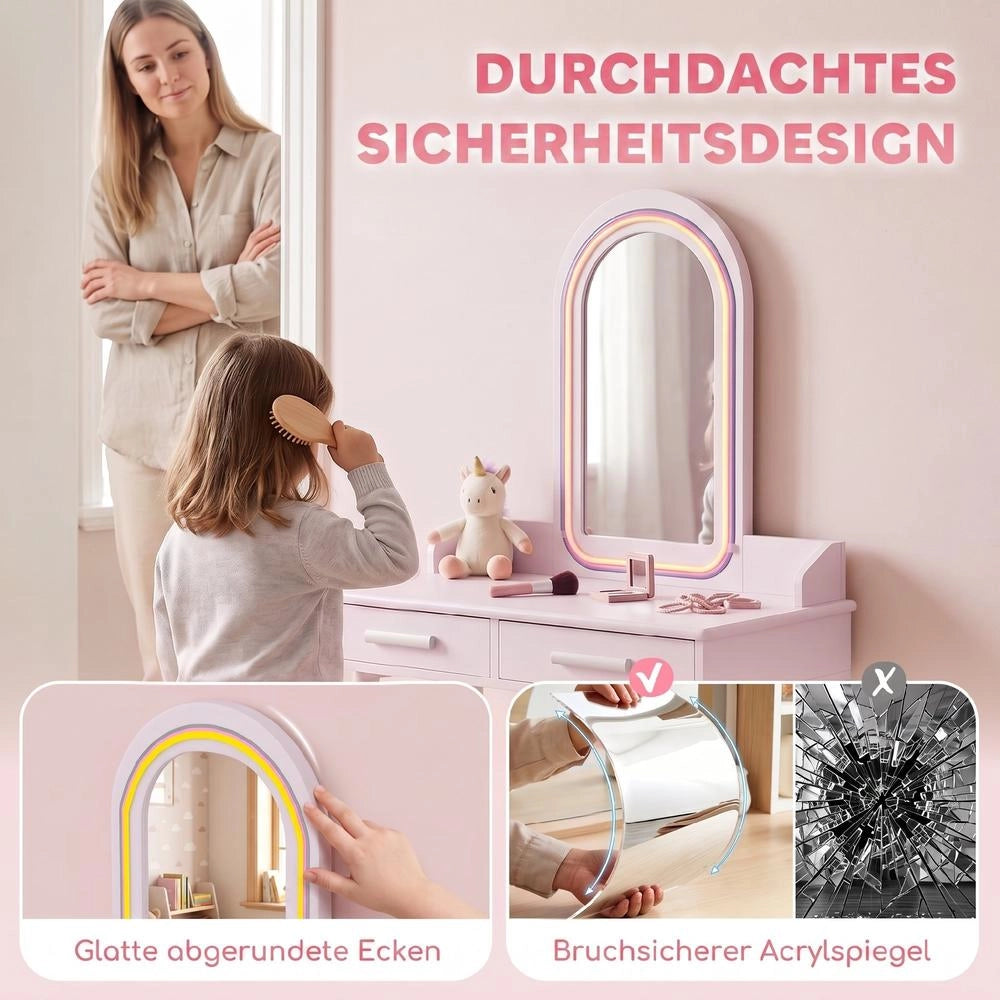Toletta per bambini 2 in 1 con specchio LED rosa, tavolo da trucco con luci a 3 colori e cassetti, pratica per cameretta