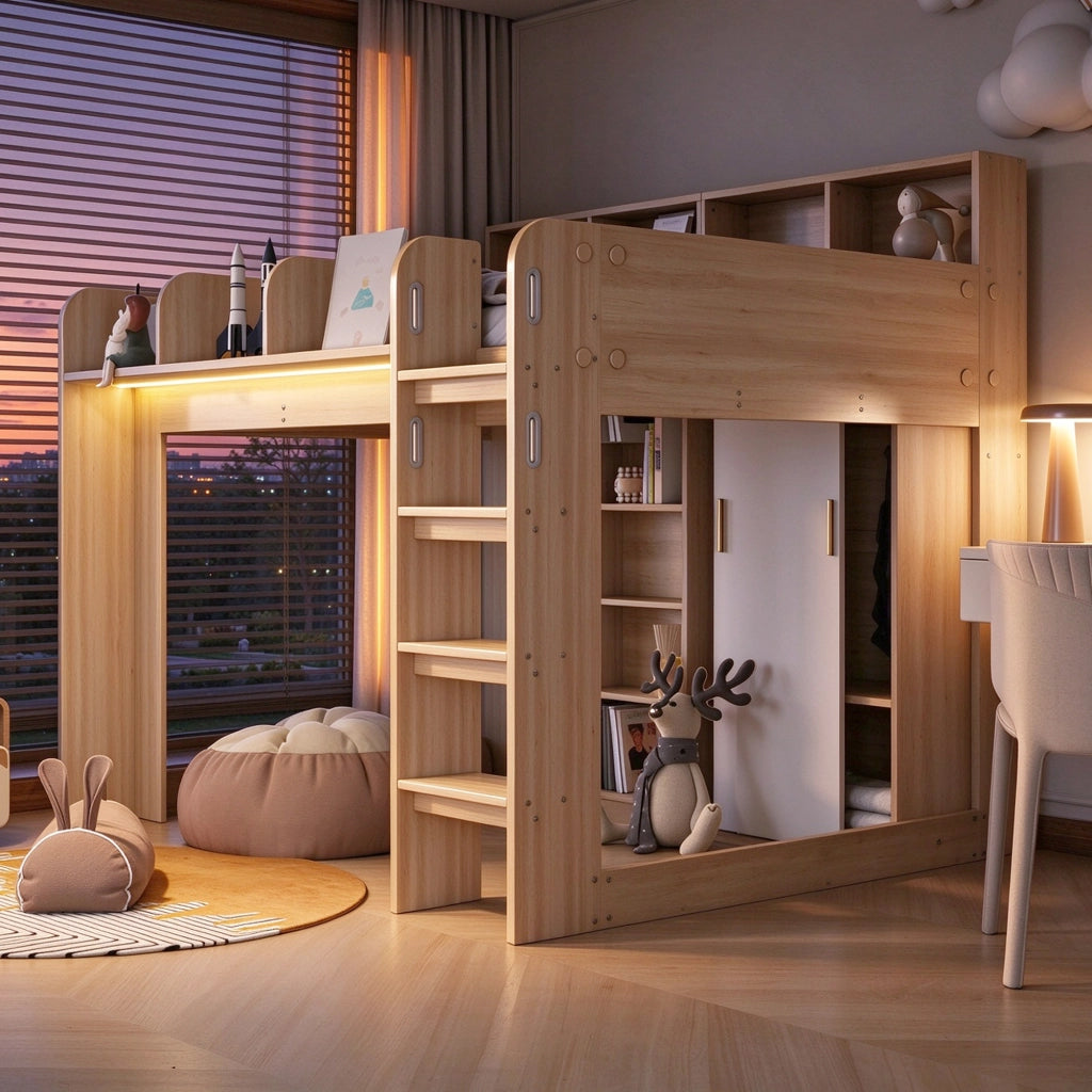 Letto a Soppalco 140x200 con Rangement; LED LEMONMAX Salvaspazio per Camera Bambini