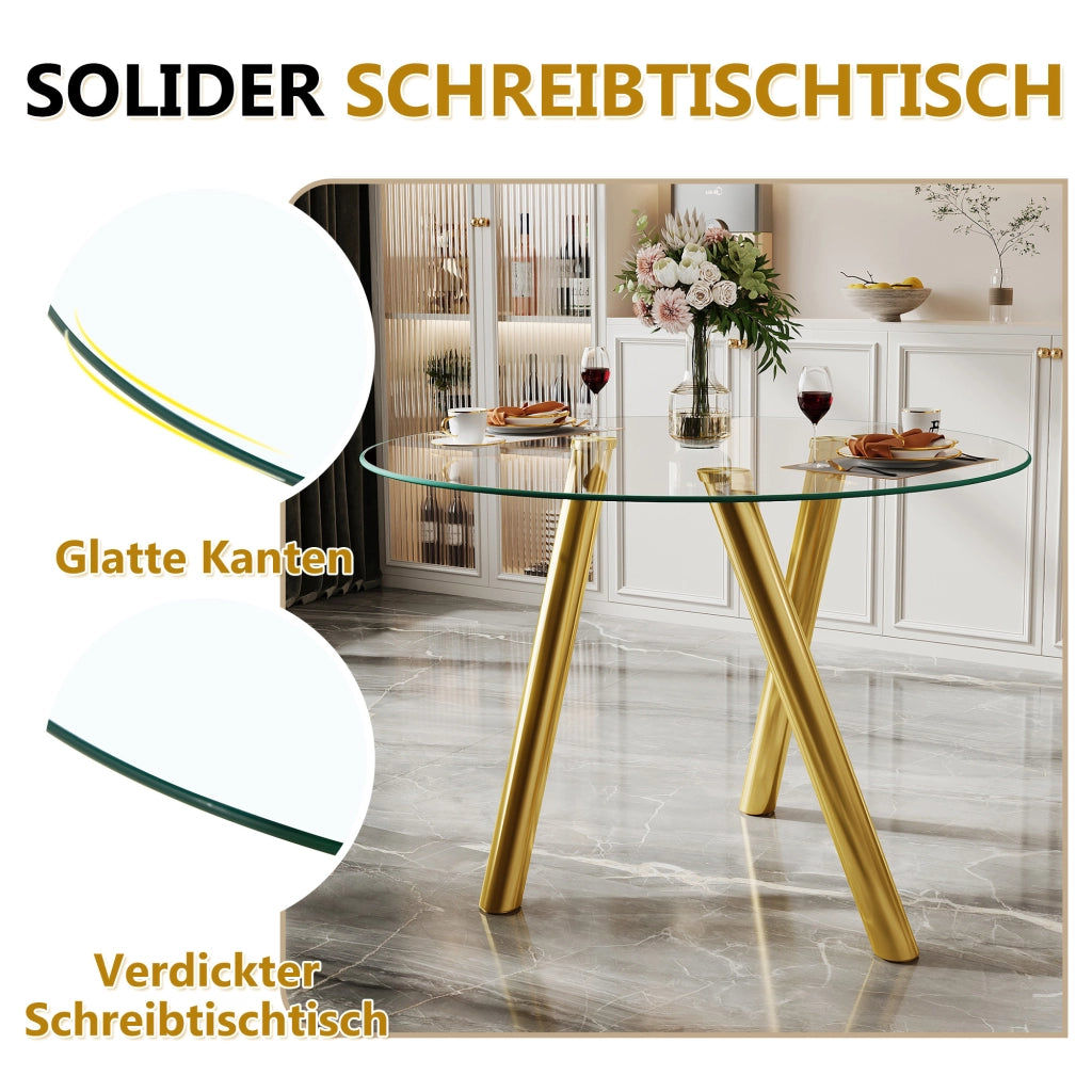 Tavolo da pranzo rotondo in vetro temperato con gambe in metallo color oro design per sala da pranzo