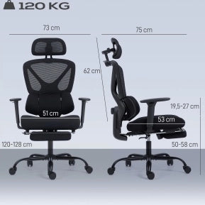 Sedia da ufficio ergonomica con schienale in rete, poggiapiedi e braccioli 3D
