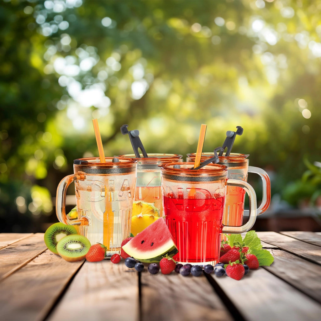 4 bicchieri da bevanda con manico, capacità 450 ml, color marrone chiaro, con coperchio e cannuccia