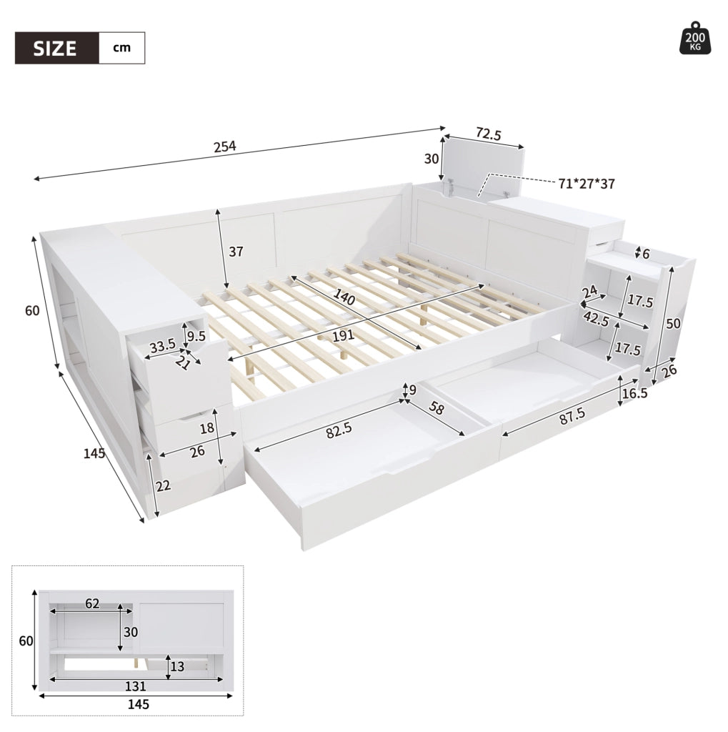 Letto singolo in MDF bianco 140x190 cm con contenitore e cassetti, struttura robusta, senza materasso