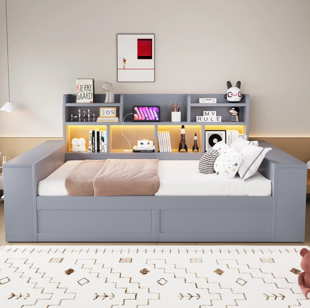 Divano letto singolo 90 x 200 cm grigio con vano contenitore, LED e prese