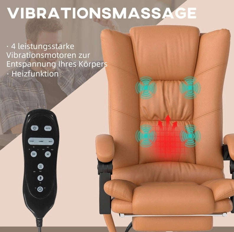 Sedia da ufficio ergonomica riscaldante e massaggiante marrone chiaro, altezza regolabile