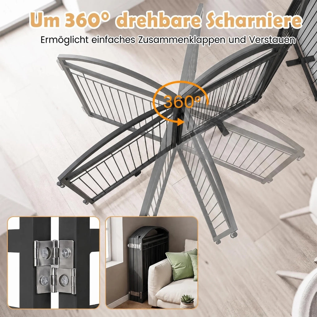 Cancello di Sicurezza per Cani 8 Pannelli in Metallo 480x81cm con Porta Barriera Pieghevole per Casa Nero