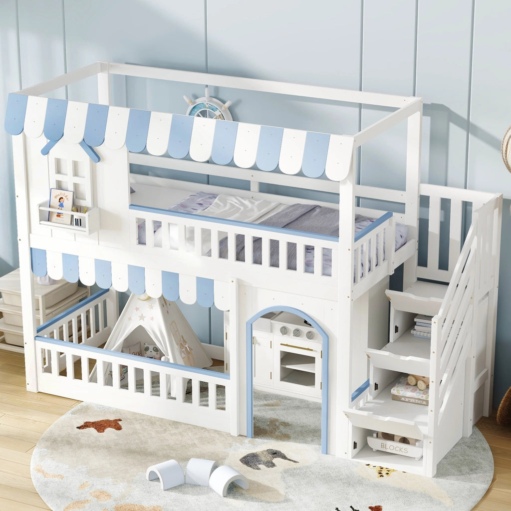 Letto a castello per bambini 90 × 200 cm con scala contenitore legno e mdf bianco e blu con finestre decorative