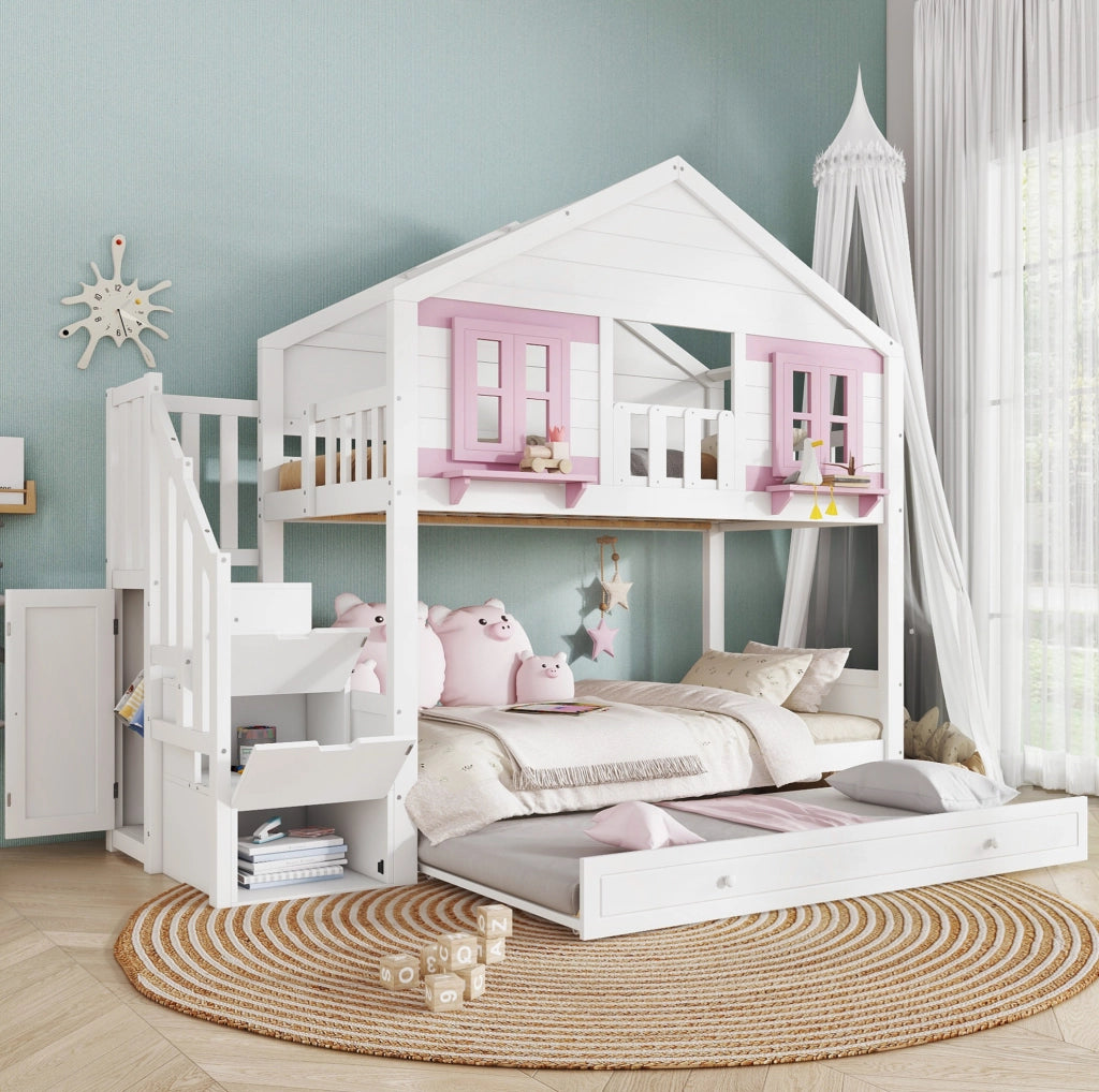 Letto a castello per bambini 90x200 cm con letto estraibile; pino e MDF; bianco e rosa