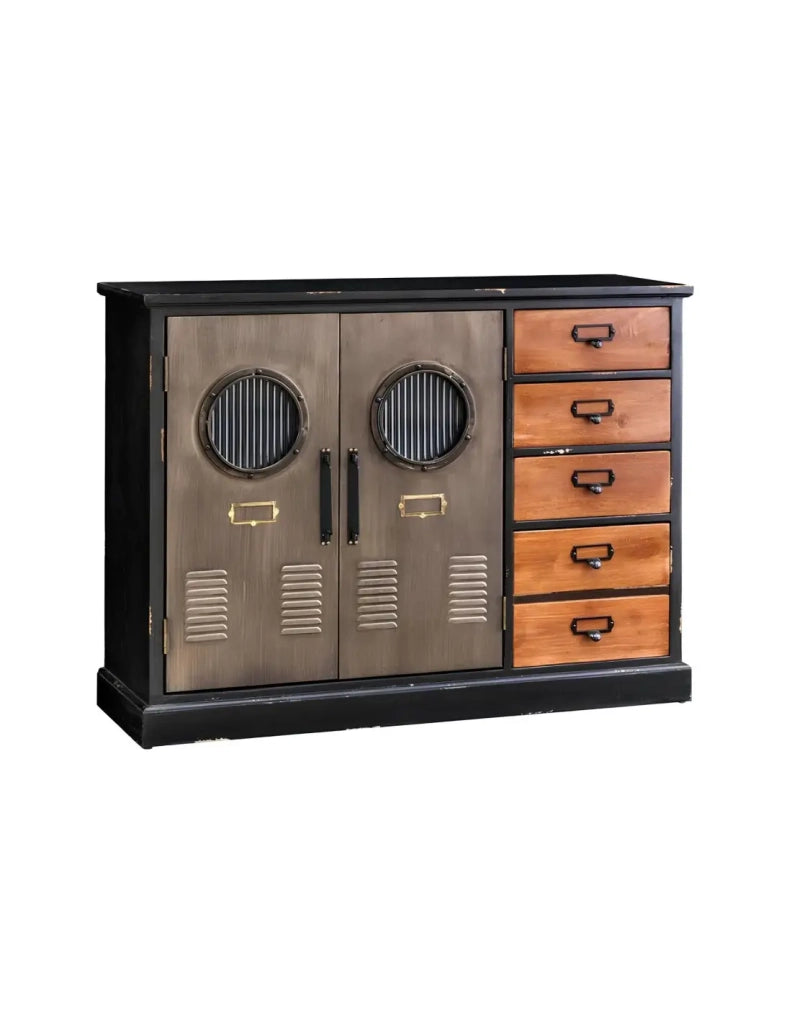 Buffet LOCKER 105 cm – Legno di pino, MDF, vetro e metallo – 2 porte e 5 cassetti