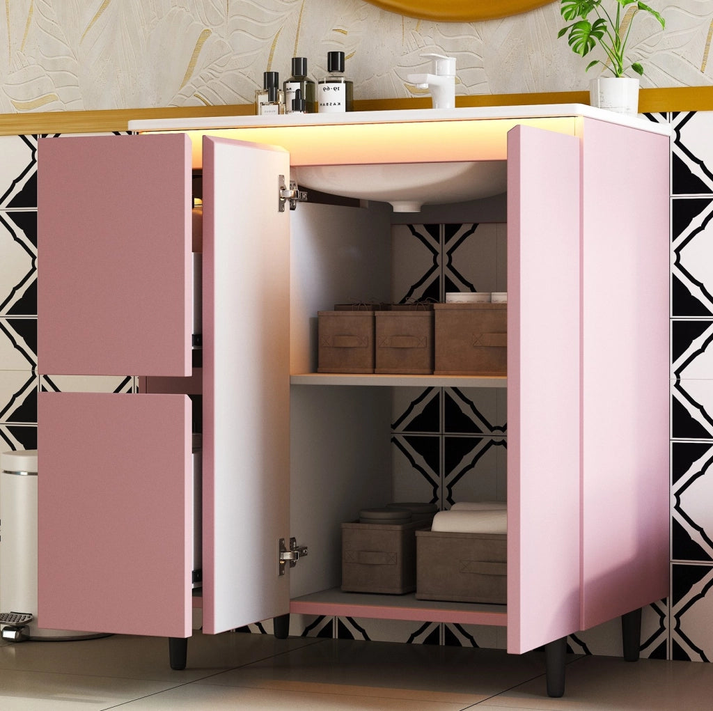 Mobile da bagno in MDF rosa 76x47x89 cm con lavabo in ceramica integrato e luce LED sensore radar