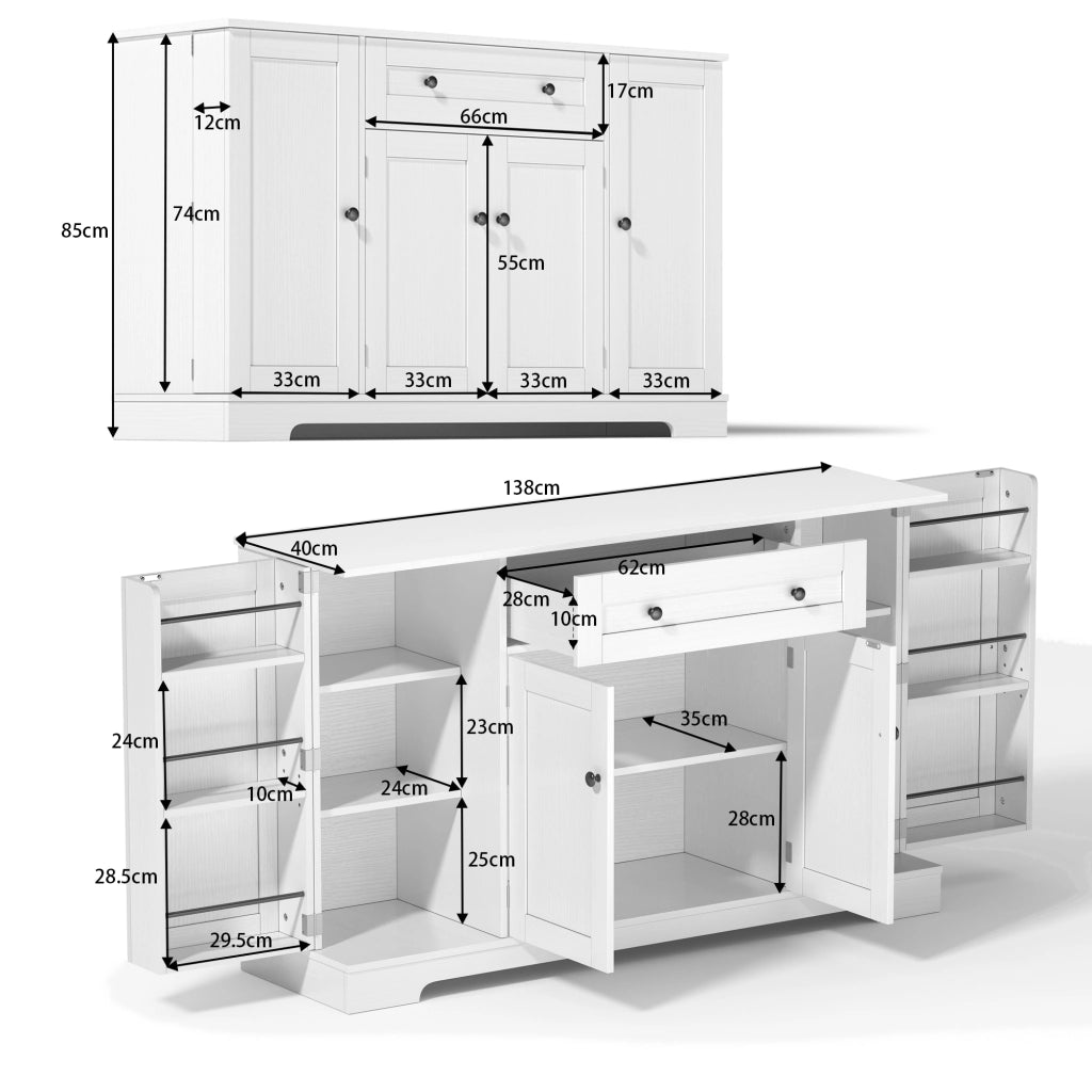 Credenza da cucina lunga 138 cm con cassetto vano a doppia anta e armadietti laterali in MDF bianco con antiribaltamento
