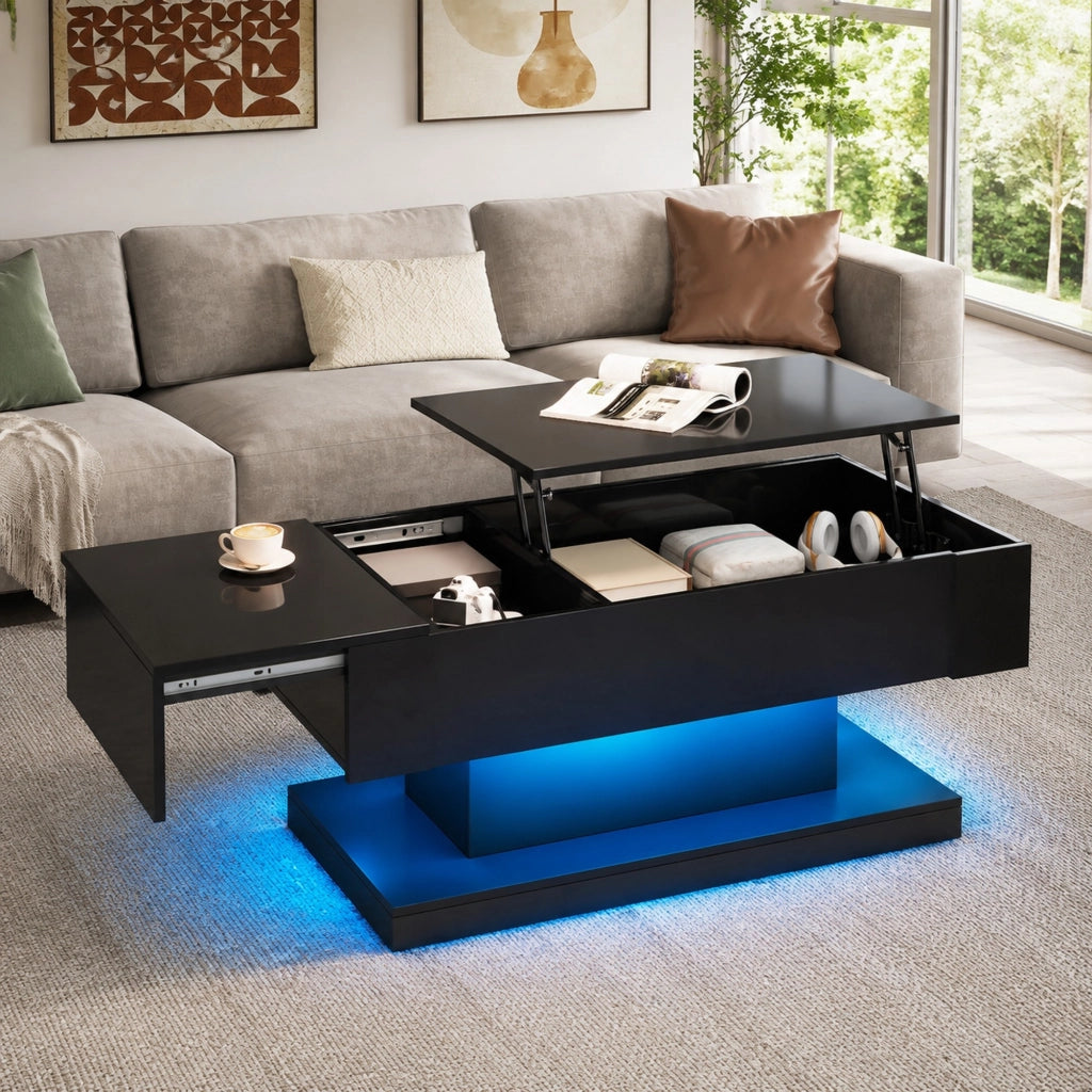 Tavolino elevabile 100x50x45 cm nero con LED e vano contenitore