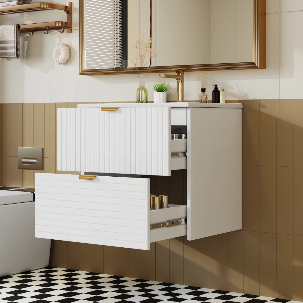 Mobile lavabo sospeso 61 × 46 × 57 cm con due cassetti silenziosi in MDF laccato bianco e lavabo in ceramica