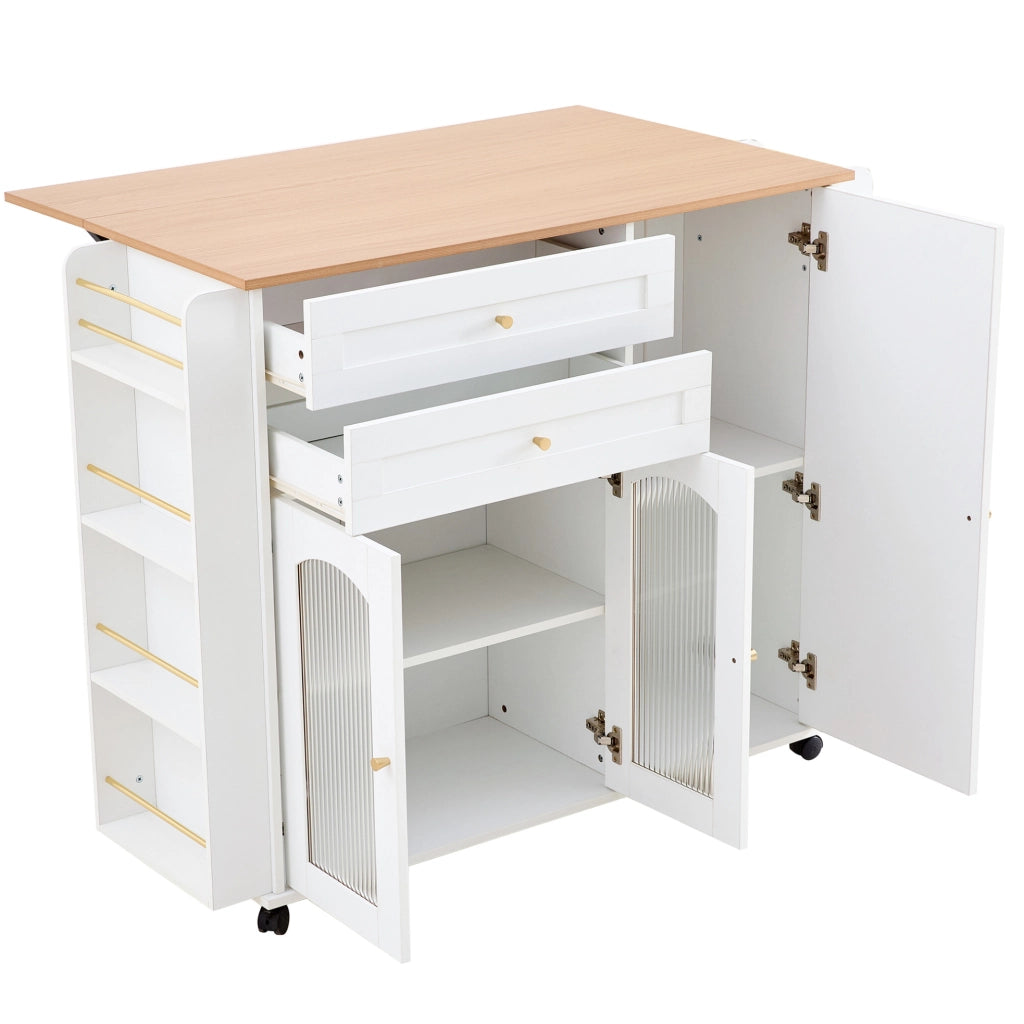 Isola da cucina mobile 110 cm con piano lavoro ribaltabile, carrello su ruote con 2 cassetti, ante in vetro e ripiani laterali, bianco e naturale