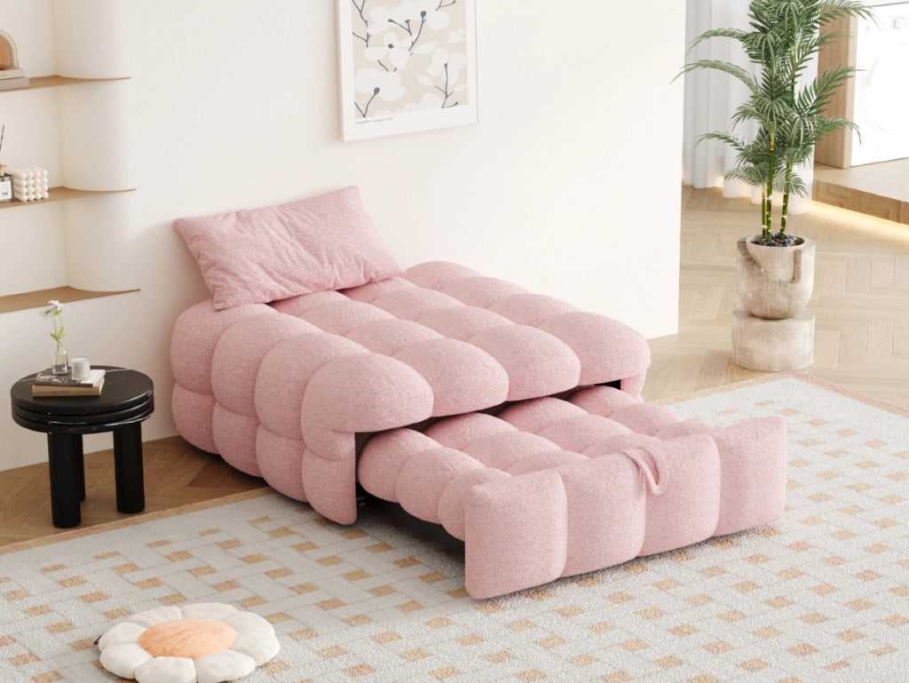 Letto singolo imbottito 2-in-1 con pouf estraibile, divano letto in bouclé rosa, 183x76x42 cm