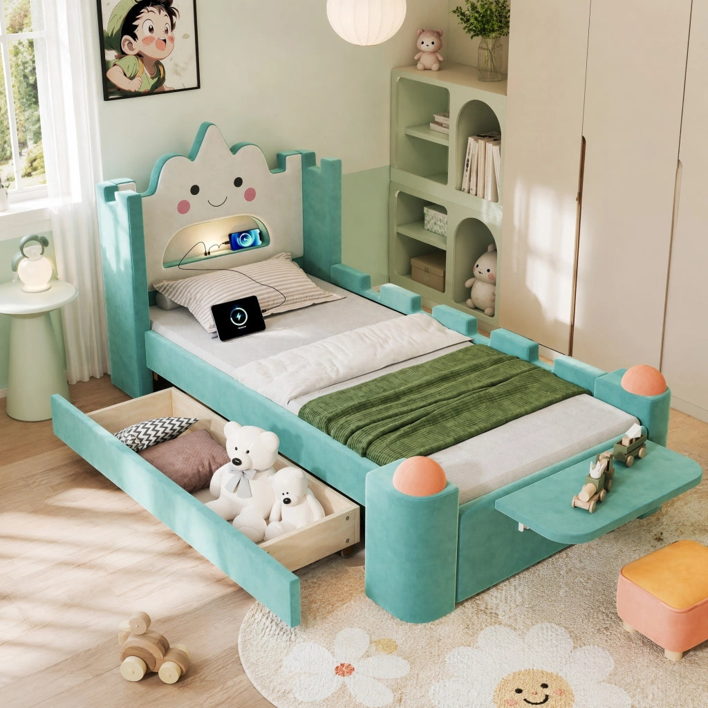 Letto singolo imbottito per bambini 90x200 cm con cassetto; USB e lampada; blu verde