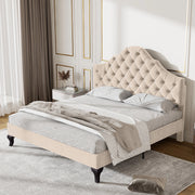 Letto imbottito per adulti 140x190 cm con testiera imbottita regolabile e rete a doghe in velluto bianco sporco, senza materasso