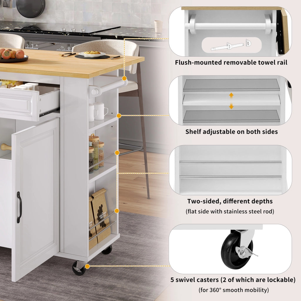 Isola da cucina con piano estensibile in MDF e PB bianco naturale con prese AC USB e USB C ruote bloccabili