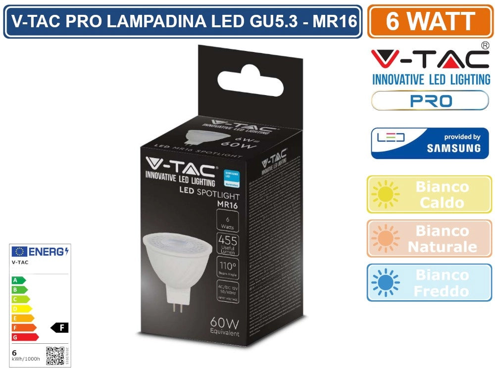 V-TAC PRO VT-257 LAMPADINA LED GU5.3 (MR16) 6W FARETTO SPOTLIGHT CHIP SAMSUNG - Colore Luce:Bianco Caldo
