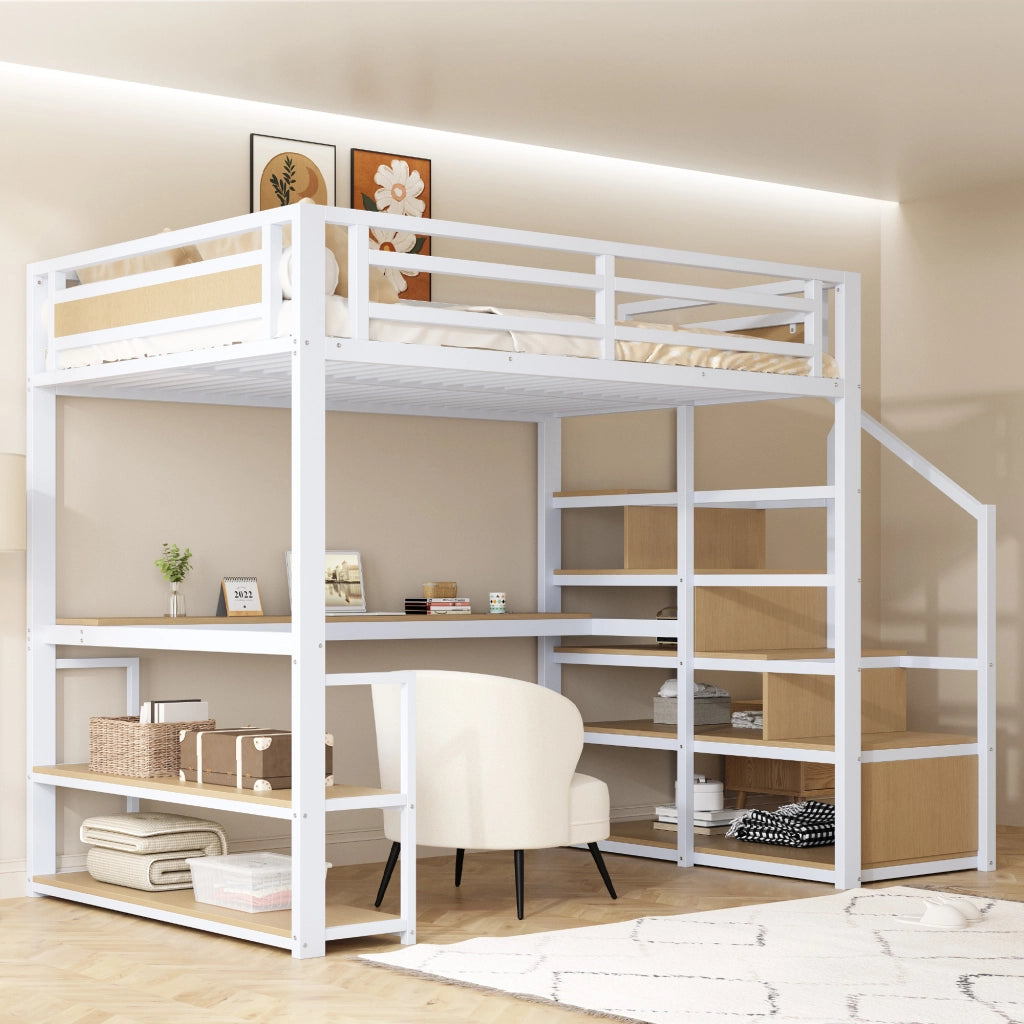 Letto a soppalco 140 × 200 cm in metallo bianco con scala contenitore scrivania ripiani e sponde di sicurezza