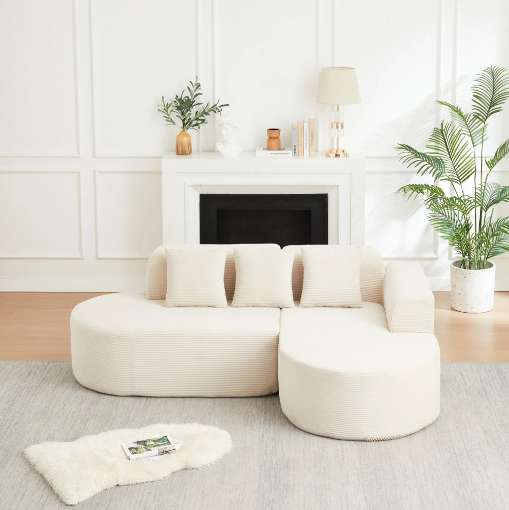Divano modulare a L in velluto a coste beige con chaise longue